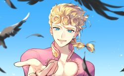 Rule 34 | 1boy, bird, blonde hair, blue eyes, blue sky, braid, cleavage cutout, clothing cutout, collared shirt, commentary request, crow, curly hair, day, earrings, feathers, fingernails, giorno giovanna, heart cutout, high collar, jewelry, jojo no kimyou na bouken, light particles, long hair, male focus, offering hand, open mouth, outdoors, outstretched hand, pectoral cleavage, pectorals, pink shirt, shirt, single braid, sky, smile, solo, stud earrings, tiyi (tiyi a09), upper body, vento aureo, wing print