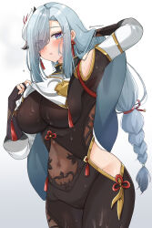Rule 34 | 1girl, absurdres, black bodysuit, blue eyes, blush, bodystocking, bodysuit, braid, breast curtain, breast curtain lift, breasts, chinese knot, clothing cutout, covered navel, earrings, genshin impact, gloves, grey hair, hair ornament, hair over one eye, highres, hip vent, jewelry, large breasts, long hair, looking at viewer, low-braided long hair, low-tied long hair, morimiya (mori), partially fingerless gloves, shenhe (genshin impact), shoulder cutout, skin tight, solo, tassel, tassel earrings, thigh cutout, very long hair