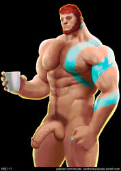 Rule 34 | 1boy, arm hair, arm tattoo, armpit hair, bad id, bad tumblr id, bara, beard, black background, blue tattoo, chest hair, chest tattoo, commission, completely nude, cowboy shot, cup, dark-skinned male, dark skin, earrings, facial hair, final fantasy, final fantasy xiv, hairy, half-erect, highres, holding, holding cup, jewelry, large pectorals, large penis, looking at viewer, male focus, male pubic hair, mature male, muscular, muscular male, navel, navel hair, nipple hair, nipples, nude, original, pectorals, penis, pubic hair, randombaradude, red hair, ring, roegadyn, scar, scar across eye, short hair, shoulder tattoo, simple background, smile, solo, tattoo, testicles, thick beard