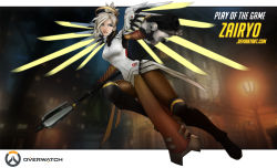 Rule 34 | 1girl, aiming, armor, armored dress, blue eyes, boots, breasts, brown pantyhose, copyright name, dual wielding, faulds, gameplay mechanics, gun, halo, handgun, holding, knee boots, knee pads, lips, mechanical halo, mechanical wings, mercy (overwatch), narrow waist, overwatch, overwatch 1, pantyhose, pistol, power suit, short ponytail, silver hair, small breasts, solo, staff, watermark, weapon, web address, wings, yellow wings, zairyo