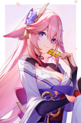 2girls animal_ears artist_name breasts cleavage cosplay food fox_ears genshin_impact hair_ornament holding holding_food japanese_clothes kimono lightria long_hair looking_at_viewer multiple_girls obi off_shoulder out_of_frame pink_hair purple_eyes purple_kimono raiden_shogun raiden_shogun_(cosplay) red_sash sash smile upper_body very_long_hair yae_miko