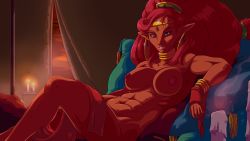 Rule 34 | 1girl, abs, bed, blanket, breasts, candle, choker, circlet, dark skin, dark-skinned female, earrings, highres, jewelry, looking at viewer, muscular, muscular female, nintendo, nipples, nude, pillow, plague of gripes, pointy ears, reclining, red hair, solo, the legend of zelda, the legend of zelda: breath of the wild, third-party edit, toned, urbosa