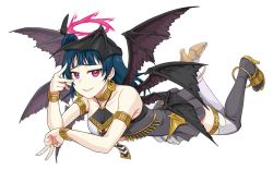 Rule 34 | 1girl, ankle, armlet, black feathers, black thighhighs, blue hair, bracelet, dark halo, demon girl, demon wings, double v, dress, earrings, feather hair ornament, feathers, full body, gold trim, grey thighhighs, hair bun, hair ornament, half-closed eyes, halo, halterneck, head wings, high heels, jewelry, love live!, love live! sunshine!!, lying, multiple wings, necklace, on stomach, parted lips, pink halo, purple eyes, seraph, side bun, single side bun, sleeveless, smile, solo, stiletto heels, thighhighs, thighlet, transparent background, tsushima yoshiko, two-tone dress, two-tone legwear, v, w over eye, waste-man, wings