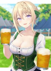 Rule 34 | 1girl, :d, alcohol, alternate costume, beer, beer mug, blonde hair, blouse, blurry, blurry background, braid, braided bun, breasts, cleavage, collarbone, commentary request, cup, dirndl, german clothes, hair between eyes, hair bun, highres, holding, holding cup, kantai collection, kotou yogen, long hair, looking at viewer, medium breasts, mug, oktoberfest, open mouth, perth (kancolle), purple eyes, shirt, single braid, smile, solo, tent, upper body, white shirt