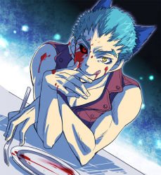 Rule 34 | 1boy, :q, animal ears, bad id, bad pixiv id, black sclera, blood, blue hair, colored sclera, face, fork, glowing, glowing eyes, male focus, mismatched sclera, red eyes, shiki (novel), short hair, smile, solo, tatsumi, tatsumi (shiki), tongue, tongue out, vest, wolf ears, yellow eyes