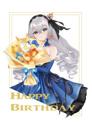 Rule 34 | 1girl, arin (1010 ssu), bare shoulders, blue dress, blue sleeves, border, bouquet, bronya zaychik, closed mouth, doll, dress, earrings, flower, grey eyes, grey hair, hair between eyes, hair ornament, happy birthday, highres, holding, holding bouquet, homu (honkai impact), honkai (series), honkai impact 3rd, jewelry, long hair, looking at viewer, simple background, smile, solo, white background