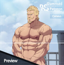 Rule 34 | 1boy, abs, bara, blue eyes, blue sky, cerseus (kono yuusha ga ore tueee kuse ni shinchou sugiru), completely nude, facial hair, goatee, highres, kono yuusha ga ore tueee kuse ni shinchou sugiru, large pectorals, looking ahead, male focus, male masturbation, masturbation, mature male, muscular, muscular male, mustache, navel, nipples, nude, out-of-frame censoring, paid reward available, pectorals, ryans, short hair, sky, smile, solo, standing, stomach, thick eyebrows, thick mustache, thick thighs, thighs, veins, veiny arms