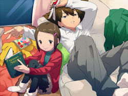Rule 34 | 1boy, 1girl, blush, brother and sister, brown eyes, brown hair, closed mouth, commentary request, digimon, digimon (creature), digimon adventure, hair ornament, hairclip, looking at viewer, pantyhose, short hair, siblings, skirt, smile, socks, t k g, yagami hikari, yagami taichi