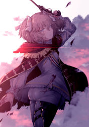 Rule 34 | 1girl, ass, blue eyes, brown hair, cape, cloud, cloudy sky, commentary request, cowboy shot, dirty, dirty face, epaulettes, girls&#039; frontline, gun, hair between eyes, hair ribbon, handgun, highres, holding, holding gun, holding weapon, long sleeves, looking at viewer, looking back, mishima hiroji, outdoors, red cape, revolver, ribbon, short hair, signature, sky, solo, sunset, trigger discipline, two side up, weapon, webley (girls&#039; frontline), webley revolver, white legwear