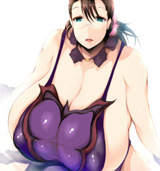 Rule 34 | 1girl, :d, bare shoulders, bloom, breasts, brown hair, cattleya (queen&#039;s blade), cattleya (queen's blade), cleavage, detached collar, glasses, gloves, green eyes, hair ornament, huge breasts, long hair, looking at viewer, mature female, open mouth, plump, ponytail, purple gloves, queen&#039;s blade, revealing clothes, rimless eyewear, sideboob, smile, solo, taut clothes, tsukasawa takamatsu, upper body, weapon merchant cattleya, white background