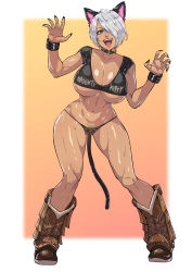 Rule 34 | 1girl, abs, absurdres, angel (kof), animal ears, bikini, boots, breasts, cat ears, cat tail, choker, cirenk, cowboy boots, dark-skinned female, dark skin, extra ears, fang, female pubic hair, hair over one eye, highres, large breasts, looking at viewer, muscular, muscular female, navel, panties, pubic hair, pubic hair peek, snk, stomach, swimsuit, tail, the king of fighters, thick thighs, thighs, toned, underwear, white hair