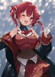 Rule 34 | 1girl, ;d, ascot, black jacket, breasts, cleavage, covered navel, gloves, hair ribbon, hana mori, highres, hololive, houshou marine, jacket, looking at viewer, medium breasts, one eye closed, open mouth, pleated skirt, red ascot, red eyes, red hair, red ribbon, red skirt, ribbon, see-through, see-through cleavage, short hair, skirt, smile, solo, teeth, thighs, twintails, upper teeth only, v, virtual youtuber, white gloves