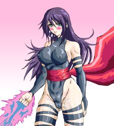 Rule 34 | 1girl, alternate breast size, aqua eyes, blush, breasts, cameltoe, clenched hand, curvy, elbow gloves, embarrassed, energy sword, feet out of frame, gloves, gradient background, highleg, highleg leotard, large breasts, leotard, marvel, pink background, psychic, psylocke, pubic hair, purple eyes, purple hair, pussy juice, revealing clothes, shiny clothes, shiny skin, skin tight, standing, sweat, sweatdrop, sword, thick thighs, thighs, weapon, wedgie, wide hips, x-men