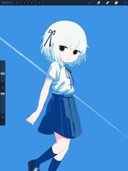Rule 34 | 1girl, arms at sides, art program in frame, black footwear, black ribbon, black skirt, black socks, blue sky, clear sky, collared shirt, contrail, day, dot nose, foot out of frame, from side, frown, hair ribbon, high-waist skirt, highres, kneehighs, loafers, looking at viewer, miniskirt, neck ribbon, original, outdoors, pleated skirt, ribbon, school uniform, shirt, shirt tucked in, shoes, short hair, short sleeves, skirt, sky, socks, solid eyes, solo, takanashi natsuo, white hair, white shirt