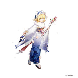 Rule 34 | 1girl, animal ear fluff, animal ears, arin (fanfan013), ash arms, b-4 (ash arms), bag, beret, blonde hair, blue bag, blue eyes, blue hat, blue kimono, bow, brown footwear, cat ears, commentary request, copyright notice, flag, floral print, flower, flower knot, frilled hairband, frilled sleeves, frills, full body, geta, gold ribbon, gradient kimono, hair bow, hair ornament, hair ribbon, hairband, hat, highres, holding, holding bag, holding flag, japanese clothes, kimono, long sleeves, looking at viewer, medium hair, official alternate costume, official art, open mouth, pom pom (clothes), ribbon, simple background, smile, snowing, socks, solo, tabi, tassel, tassel hair ornament, white background, white bow, white flower, white hairband, white socks, wide sleeves, yukata