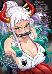 Rule 34 | 1girl, bit gag, breasts, chain, gag, gagged, highres, huge breasts, one piece, shiny skin, solo, sweat, yamato (one piece)