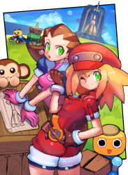 Rule 34 | 2girls, absurdres, belt, blonde hair, blush, breasts, brown hair, cabbie hat, commentary request, dakusuta, data (mega man), earrings, gloves, green eyes, hair pulled back, hairband, hand on own hip, hat, highres, jewelry, jumpsuit, long hair, mega man (series), mega man legends (series), monkey, multiple girls, one eye closed, open mouth, pink hairband, red headwear, red shorts, robot, rocket, roll caskett (mega man), servbot (mega man), short sleeves, shorts, simple background, small breasts, smile, tron bonne (mega man)