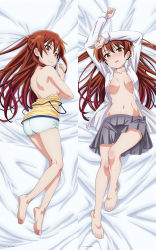 Rule 34 | ass, back, bare legs, blush, breasts, clothes lift, dakimakura (medium), highres, long hair, looking at viewer, lying, medium breasts, meinohama erika, no bra, open clothes, open mouth, open shirt, red hair, rifle is beautiful, skirt, skirt lift, smile, topless