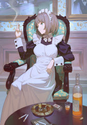 Rule 34 | 1girl, alcohol, apron, aqua eyes, arm rest, armchair, ashes, ashtray, between fingers, blunt bangs, bottle, breasts, brown hair, chair, chestnut mouth, cigarette, cigarette holder, colored eyelashes, cork, cup, drinking glass, female focus, glass, glass bottle, green eyes, highres, holding, holding cigarette, indoors, liquor, long sleeves, looking away, looking to the side, maid, maid apron, maid headdress, matchbox, matches, medium breasts, original, painting (action), painting (object), picture frame, reflection, shiny clothes, shiny skin, short hair, shot glass, silver hair, sitting, smoking, solo, solo focus, table, timbougami, wrist cuffs