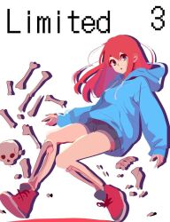 Rule 34 | #1027 (limited), 1girl, blue eyes, blue shorts, blue sweater, highres, limited, long hair, looking at viewer, lying, official art, on back, open mouth, red hair, shorts, simple background, sweater, white background