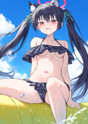 Rule 34 | 1girl, alexmaster, animal ear fluff, animal ears, aqua ribbon, bikini, blue archive, blue sky, breasts, cloud, collarbone, commentary request, day, frilled bikini, frills, halo, highres, looking at viewer, navel, official alternate costume, outdoors, pink halo, red eyes, ribbon, serika (blue archive), serika (swimsuit) (blue archive), sitting, sky, small breasts, solo, stomach, swimsuit, twintails, underboob, water, wet