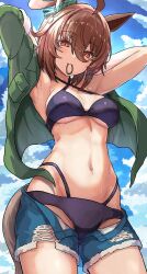 Rule 34 | 1girl, agnes tachyon (lunatic lab) (umamusume), agnes tachyon (umamusume), ahoge, animal ears, armpits, arms up, bikini, bikini under clothes, black bikini, blue shorts, blue sky, breasts, brown hair, cleavage, closed mouth, cloud, cloudy sky, commentary request, cowboy shot, day, denim, denim shorts, ear ornament, empty eyes, green jacket, groin, hair between eyes, highres, horse ears, horse girl, horse tail, jacket, jacket partially removed, layered bikini, layered clothes, light smile, looking at viewer, medium breasts, mouth hold, navel, official alternate costume, okitsugu, open clothes, open fly, open jacket, open shorts, outdoors, red eyes, short hair, short shorts, shorts, sky, solo, stomach, sweat, swimsuit, tail, torn clothes, torn shorts, umamusume, underboob