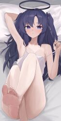 Rule 34 | 1girl, absurdres, armpits, barefoot, bed, blue archive, blue eyes, blush, halo, highres, long hair, looking at viewer, mechanical halo, presenting armpit, purple eyes, purple hair, sei (0724sei6), shirt, solo, white background, white shirt, yuuka (blue archive)