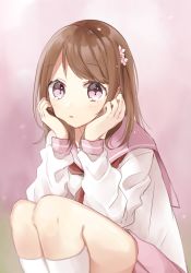Rule 34 | 1girl, absurdres, arm support, bad id, bad pixiv id, blush, brown hair, commentary request, feet out of frame, flower, hachimitsu honey, hair flower, hair ornament, hands up, highres, kneehighs, long hair, long sleeves, looking at viewer, original, parted lips, pink eyes, pink flower, pink sailor collar, pink skirt, pleated skirt, red neckwear, sailor collar, school uniform, serafuku, shirt, skirt, socks, solo, squatting, white shirt, white socks