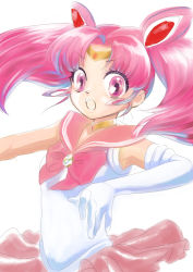Rule 34 | 1990s (style), 1girl, :o, bishoujo senshi sailor moon, bishoujo senshi sailor moon s, bow, bowtie, chibi usa, cone hair bun, elbow gloves, gem, gloves, hair bun, looking at viewer, open mouth, pink eyes, pink hair, retro artstyle, sailor chibi moon, sailor collar, skirt, solo, tiara, twintails, white background, yellow bow, yellow bowtie, you sho