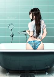 Rule 34 | 1girl, ass, bath, bathroom, bathtub, black hair, blue panties, butt crack, closed eyes, clothes lift, dated, from behind, highres, indoors, kneeling, lace, lace panties, lifting own clothes, long hair, no pants, panties, parted lips, photo-referenced, real life, reference work, reflection, shirt, shirt lift, shower head, sidelocks, skindentation, solo, souryu, tile floor, tiles, underwear, wet, wet clothes, wet shirt, white shirt