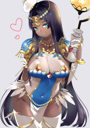 Rule 34 | 1girl, absurdres, arabian clothes, arm at side, arm behind back, armlet, armor, black hair, bracelet, breasts, bridal gauntlets, circlet, cleavage, closed mouth, covered navel, cowboy shot, curvy, dark-skinned female, dark skin, dress, facial mark, fate/grand order, fate (series), forehead jewel, gold, green eyes, groin, hand up, heart, highres, hip focus, holding, holding staff, huashengjiang, impossible clothes, impossible dress, jewelry, large breasts, long hair, looking at viewer, necklace, parted bangs, pauldrons, pelvic curtain, revealing clothes, scheherazade (fate), scroll, shoulder armor, shoulder pads, skin tight, smile, solo, staff, standing, strapless, strapless dress, thick thighs, thighhighs, thighs, thumb ring, white thighhighs