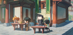 Rule 34 | 4boys, black hair, blue eyes, brown hair, building, chibi, chinese clothes, chopsticks, closed eyes, coat, cup, day, earrings, food, genshin impact, hair between eyes, highres, holding, holding chopsticks, jacket, jewelry, long sleeves, male focus, multicolored hair, multiple boys, omegu, orange hair, outdoors, plate, ponytail, signature, single earring, sitting, standing, stool, table, tartaglia (genshin impact), wide sleeves, zhongli (genshin impact)