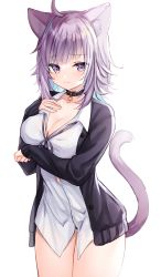 Rule 34 | 1girl, absurdres, ahoge, animal ears, black cardigan, black choker, breast hold, breasts, cardigan, cat ears, cat girl, cat tail, choker, cleavage, collarbone, collared shirt, cowboy shot, dress shirt, hand up, highres, hololive, large breasts, long sleeves, looking at viewer, medium hair, nekomata okayu, nekomata okayu (oversized shirt), no pants, open cardigan, open clothes, purple eyes, purple hair, shirt, shouu-kun, simple background, smile, solo, standing, tail, tail raised, thighs, virtual youtuber, white background, white shirt