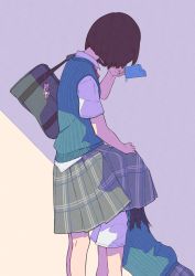 Rule 34 | 2girls, bag, blue sweater vest, brown hair, collared shirt, commentary request, food, from side, grey skirt, hand on another&#039;s head, hand up, highres, holding, holding food, implied cunnilingus, kneeling, long hair, multiple girls, norikoi, original, plaid, plaid skirt, popsicle, school bag, school uniform, shade, shirt, short hair, short sleeves, skirt, standing, sweater vest, white shirt, yuri