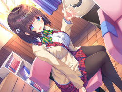 Rule 34 | 1girl, :d, absurdres, arm up, asa no ha (awayuki), beige jacket, black pantyhose, blue eyes, bookshelf, breasts, brown hair, buttons, chair, collared shirt, couch, curtains, drawer, dutch angle, hair ribbon, highres, indoors, large breasts, medium hair, neck ribbon, non-web source, open mouth, original, pantyhose, plaid, plaid skirt, pleated skirt, red skirt, ribbon, shirt, sink, sitting, skirt, smile, solo, towel, white shirt, window, wooden floor, wooden wall