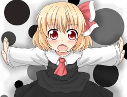Rule 34 | 1girl, ascot, b.leaf, blonde hair, blush, embodiment of scarlet devil, fang, female focus, gradient background, open mouth, outstretched arms, red eyes, rumia, short hair, skirt, solo, spread arms, touhou, upper body, white background