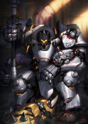 Rule 34 | 1girl, 2boys, absurdres, after battle, armor, bald, blood, bodysuit, breasts, center opening, colored skin, commentary, dark skin, doomfist (overwatch), english commentary, full armor, gauntlets, hammer, head-mounted display, helmet, hichi, highres, indoors, medium breasts, multiple boys, neon trim, no bra, overwatch, overwatch 1, pauldrons, pink bodysuit, planted, power armor, purple skin, reinhardt (overwatch), shoulder armor, sitting, sitting on person, solo focus, stepped on, unconscious, very dark skin, victory pose, weapon, widowmaker (overwatch)