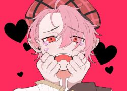 Rule 34 | 1boy, 41301nohi, aster (nu carnival), eye visible through hair, fangs, hair over one eye, hat, heart, heart-shaped pupils, heart tears, looking at viewer, male focus, nu carnival, open mouth, pink hair, pointy ears, red background, red eyes, sad, short hair, symbol-shaped pupils, tears, teeth, upper body, upper teeth only, vampire