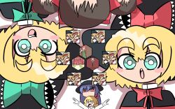 Rule 34 | 6+girls, alice margatroid, black capelet, blonde hair, blue bow, blue bowtie, blue eyes, blue hair, blush stickers, bow, bowtie, bright pupils, brown hair, capelet, cili (cookie), closed eyes, clownpiece, colored skin, commentary request, cookie (touhou), hair bow, highres, hinanawi tenshi, hinase (cookie), hong meiling, ichimura oma, kirisame marisa, looking at viewer, macota (cookie), meguru (cookie), multiple girls, nadeko (cookie), open mouth, red bow, red bowtie, red eyes, red hair, reu (cookie), rumia, scarlet devil mansion, short hair, sznkrs, teeth, touhou, upper body, upper teeth only, upside-down, uzuki (cookie), white background, white pupils, white skin