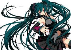 Rule 34 | 1girl, aqua hair, detached sleeves, green hair, hatsune miku, long hair, md5 mismatch, nail polish, necktie, osamu (jagabata), pink eyes, pink nails, red eyes, resolution mismatch, skirt, solo, source smaller, thighhighs, torn clothes, twintails, very long hair, vocaloid