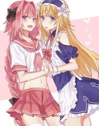 Rule 34 | 1boy, 1other, alternate costume, androgynous, apron, astolfo (fate), astolfo (sailor paladin) (fate), blonde hair, blue eyes, blush, braid, chevalier d&#039;eon (fate), dress, enmaided, fang, fate/apocrypha, fate/grand order, fate (series), hair intakes, hair ribbon, holding hands, interlocked fingers, long hair, looking at viewer, maid, maid apron, maid headdress, male focus, noka (blackheart1118), official alternate costume, open mouth, pink hair, purple eyes, ribbon, short sleeves, single braid, smile, trap