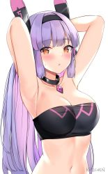 Rule 34 | 1girl, animal ears, armpits, arms behind head, arms up, artist name, bandeau, bare arms, bare shoulders, black choker, blush, breasts, challenger dominiel, choker, cleavage, collarbone, crop top, epic seven, fake animal ears, hairband, highres, kaetzchen, large breasts, long hair, looking at viewer, midriff, navel, orange eyes, parted lips, purple hair, simple background, sleeveless, solo, stomach, strapless, sweat, sweatdrop, taut clothes, tube top, upper body, white background