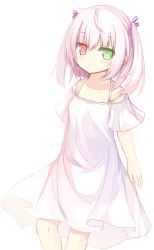 Rule 34 | 1girl, ahoge, arm at side, arm behind back, bow, closed mouth, commentary request, cropped legs, dress, ears visible through hair, hair between eyes, hair bow, heterochromia, looking at viewer, original, pink hair, purple bow, short hair, solo, twintails, white background, white dress, yuuhagi (amaretto-no-natsu)