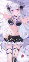 Rule 34 | 1girl, absurdres, black bow, black choker, black skirt, blush, bow, breasts, choker, cleavage, commission, cross, cross earrings, double bun, earrings, grey hair, hair bow, hair bun, heart, heart choker, heart tail, heterochromia, highres, indie virtual youtuber, jewelry, layered skirt, long hair, looking at viewer, medium breasts, multiple thigh straps, okomeillust, outstretched arms, pink eyes, pitechi, purple eyes, skeb commission, skirt, solo, spread arms, tail, very long hair