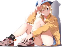 Rule 34 | 1girl, amu (258shin), arm up, bare legs, baseball cap, black socks, blonde hair, blue eyes, blush, closed mouth, commentary request, denim, denim shorts, full body, hand on headwear, hat, head tilt, highres, hood, hood down, hooded sweater, knees up, long sleeves, looking at viewer, one eye closed, original, shadow, shoes, short shorts, shorts, simple background, sitting, smile, sneakers, socks, solo, sweater, white background, yellow sweater
