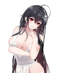 Rule 34 | 1girl, azur lane, bare shoulders, black hair, breasts, cleavage, closed mouth, collarbone, crossed arms, dress, earrings, finger to mouth, flower, hair flower, hair ornament, hairclip, highres, jewelry, large breasts, lips, lml, long hair, looking at viewer, necklace, official alternate costume, red eyes, shushing, smile, solo, taihou (azur lane), taihou (temptation on the sea breeze) (azur lane), upper body, white background, white dress
