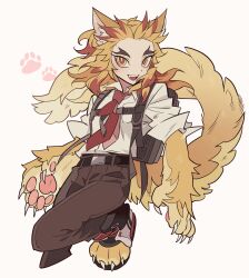Rule 34 | 1boy, absurdres, animal ears, animal feet, animal hands, blonde hair, body fur, brown pants, claws, collared shirt, colored tips, fang, forked eyebrows, full body, highres, kemonomimi mode, kimetsu no yaiba, long hair, long sleeves, looking at viewer, male focus, meremero, multicolored hair, necktie, open mouth, pants, red hair, red necktie, rengoku kyoujurou, shirt, simple background, smile, solo, standing, standing on one leg, tail, white background, white shirt, yellow eyes, yellow fur