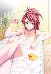 Rule 34 | 1girl, alcohol, bath, bathing, blue eyes, blush, breasts, bubble bath, champagne, cup, drinking glass, female focus, ignis, inue shinsuke, jingai makyou, large breasts, legs, crossed legs, long hair, looking at viewer, nude, red hair, rubber duck, sitting, solo, thighs, wine, wine glass