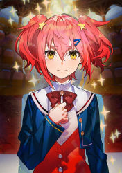 Rule 34 | 1girl, blue jacket, bow, bowtie, buttons, closed mouth, collared shirt, hair ornament, hair tie, hairpin, highres, jacket, long sleeves, mika pikazo, official art, ootori kokona, pink hair, red bow, red bowtie, shirt, short hair, solo, star (symbol), star hair ornament, twintails, two side up, upper body, white shirt, world dai star, yellow eyes