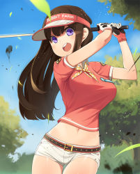 Rule 34 | 1girl, belt, blurry, blush, breasts, brown hair, crop top, crop top overhang, day, depth of field, gloves, golf, golf club, grass, highres, large breasts, long hair, looking at viewer, midriff, navel, open mouth, original, purple eyes, shiny skin, shirt, short shorts, short sleeves, shorts, sky, solo, ssberit, taut clothes, taut shirt, thigh gap, tree, visor cap